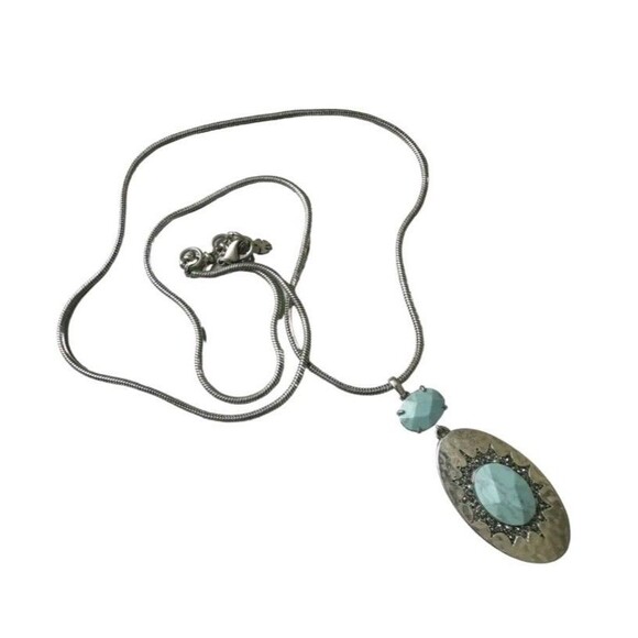 Lucky Brand Silver Sparkling Marcasite Faux Turquoise Statement Boho Necklace - Picture 3 of 7